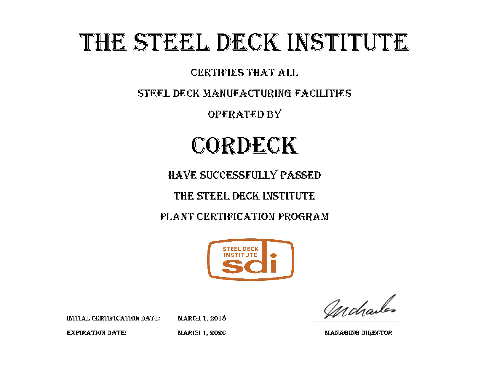 Cordeck SDI Certificate
